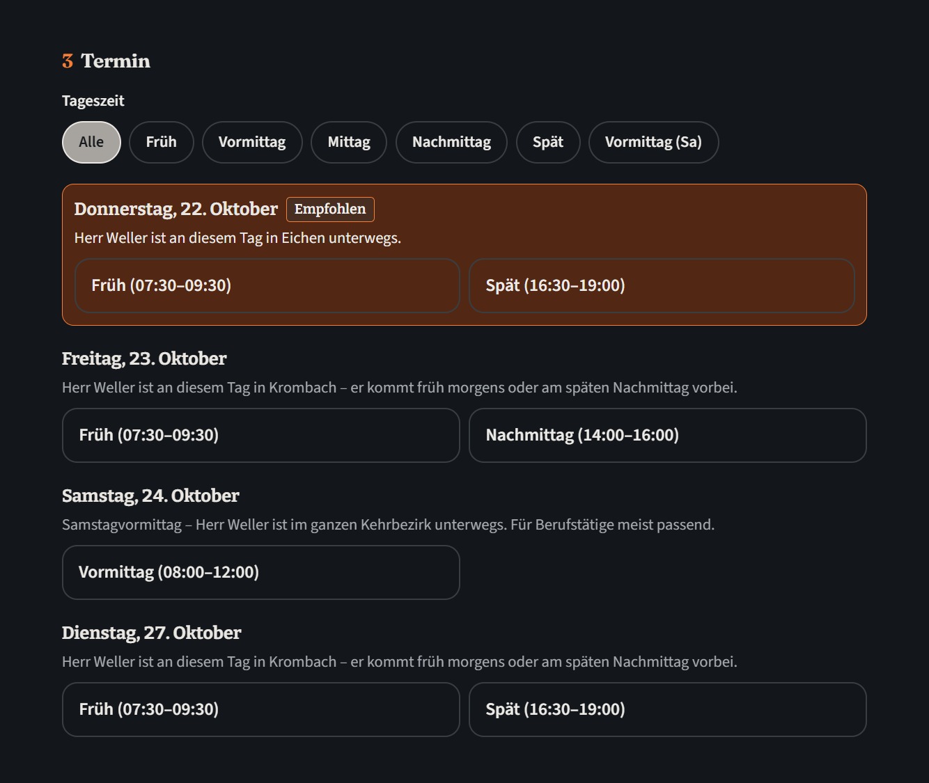 Terminbuchungs-App für einen Schornsteinfegerbetrieb: empfohlener Termin und verfügbare Zeitfenster