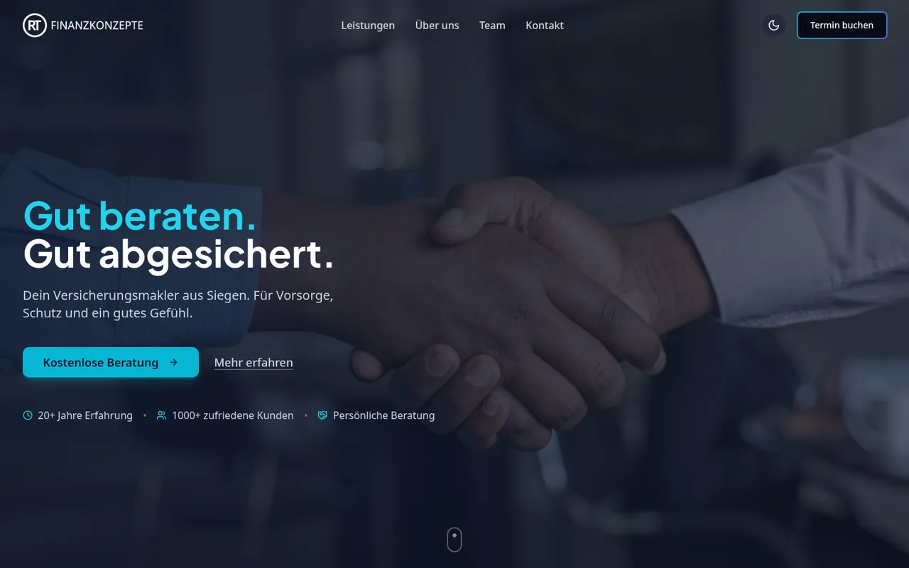 Startseite der Website von RT Finanzkonzepte mit dem Slogan „Gut beraten. Gut abgesichert.“